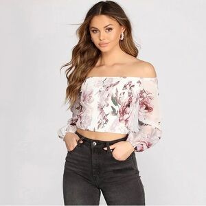 Windsor White Floral Off Shoulder Smocked Crop Top | Balloon Sleeves | Size S